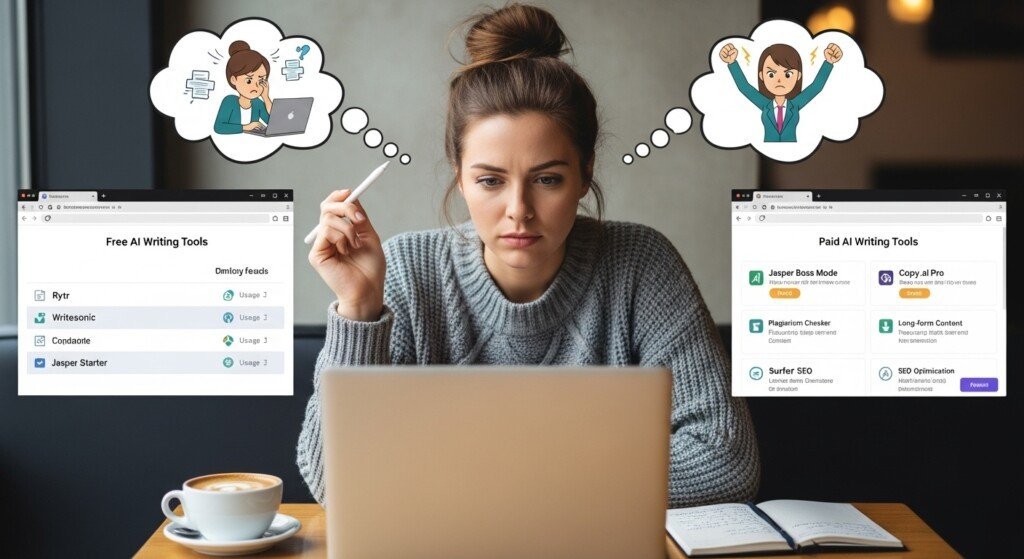 Blogger deciding when to upgrade from free AI writing tools to paid plans for long-term content growth