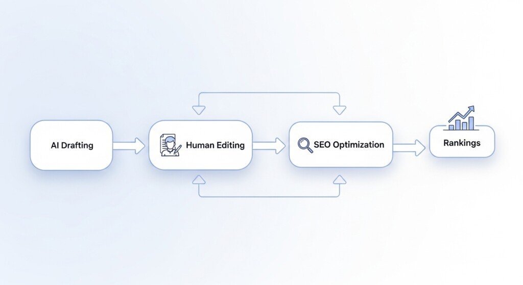 Do AI writing tools hurt SEO long term? Diagram explaining why do AI writing tools hurt SEO less with hybrid workflows