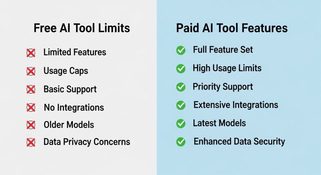 Free vs Paid AI Writing Tools feature comparison showing usage limits, writing modes, and scalability for bloggers