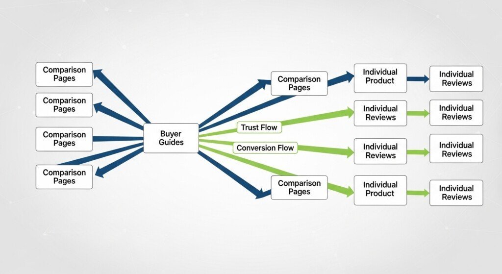 Internal linking structure connecting buyer guides, comparison reviews, and product review pages