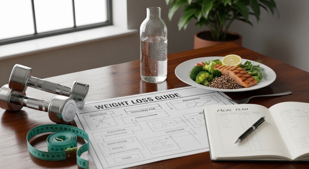 weight loss guide showing fat loss blueprint with nutrition, training and recovery elements