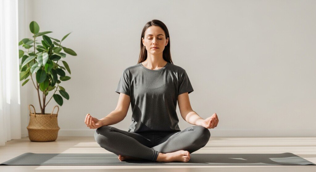beginner practicing yoga breathing meditation