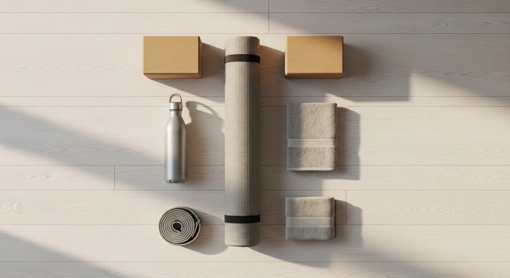 yoga essentials including mat water bottle towel and yoga blocks