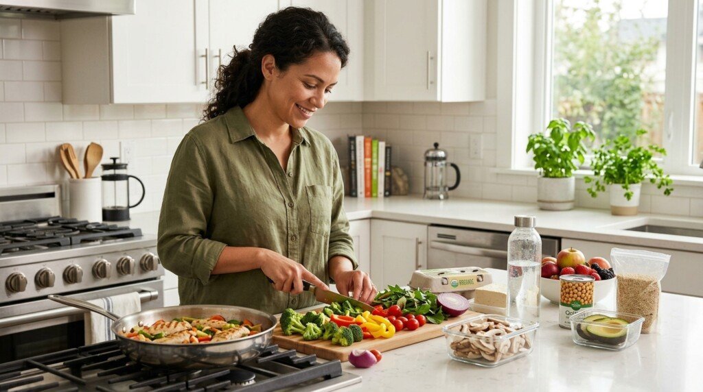 Healthy adult choosing nutritious foods while managing hunger and cravings