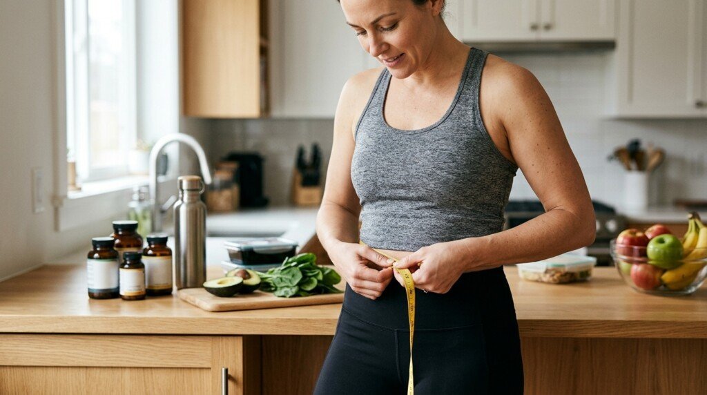 Healthy adult measuring waistline while following a belly fat reduction plan