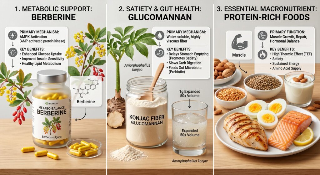 Comparison of berberine glucomannan and protein for appetite support