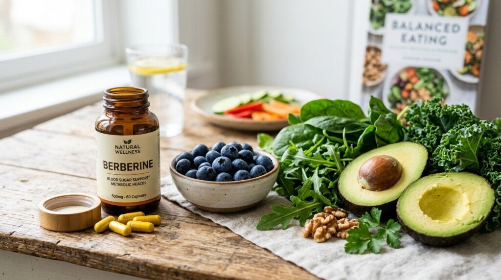 Berberine supplement capsules with healthy foods supporting blood sugar management