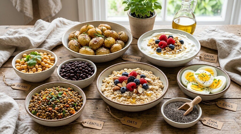 Protein fiber oats legumes and chia seeds for appetite control