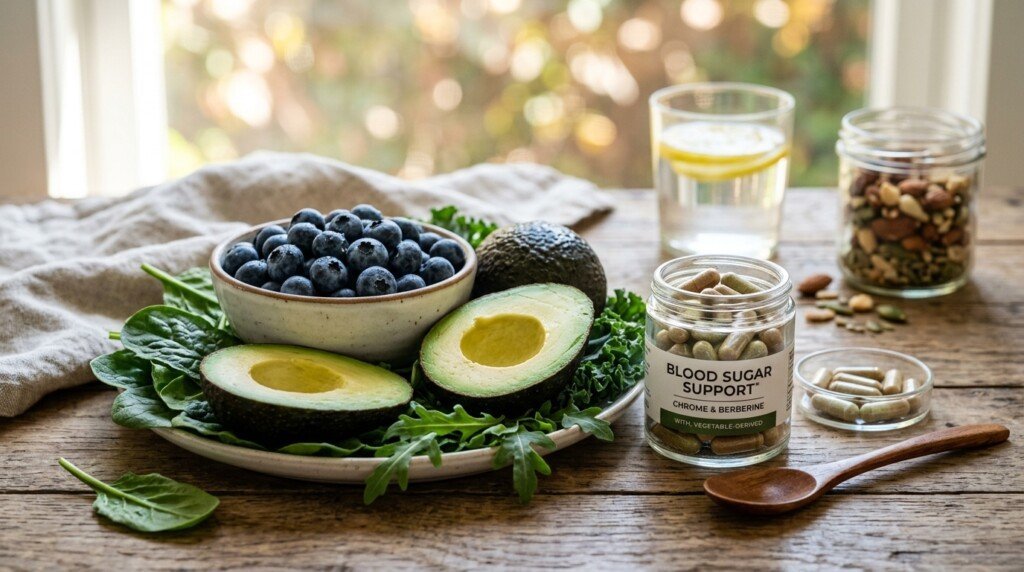 Healthy foods and supplements supporting blood sugar balance and weight management