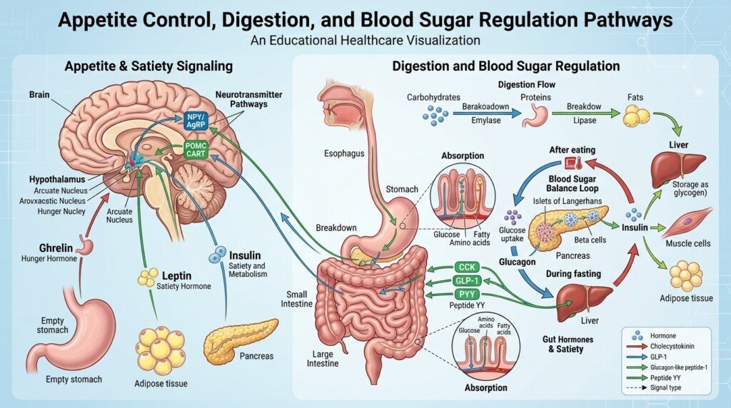 Illustration comparing natural ingredients and GLP-1 related pathways