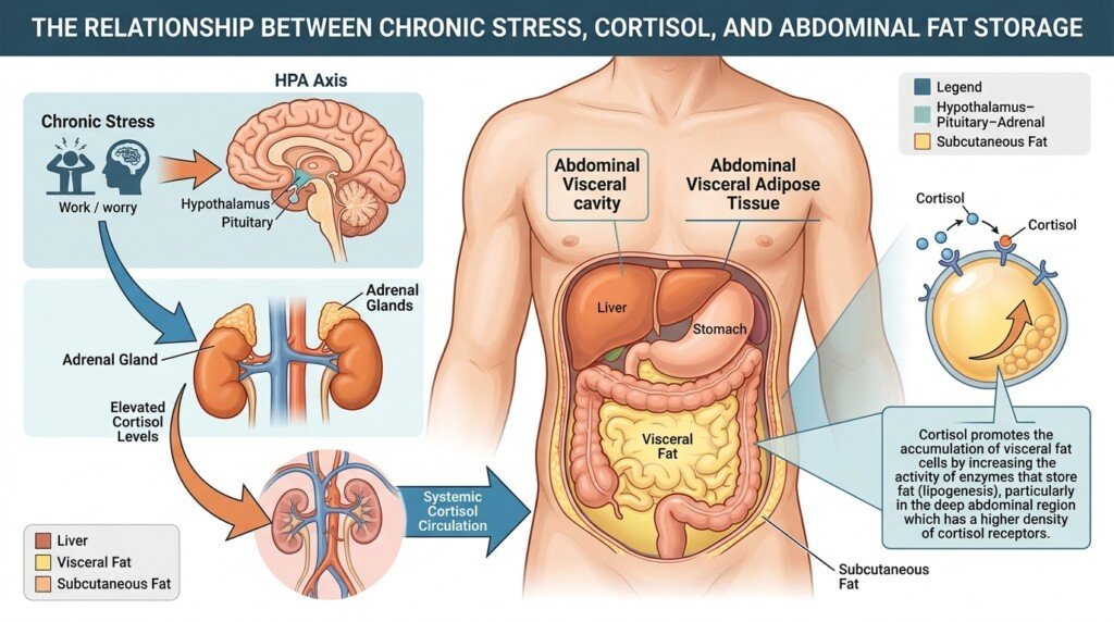 Visual representation of cortisol effects on abdominal fat storage