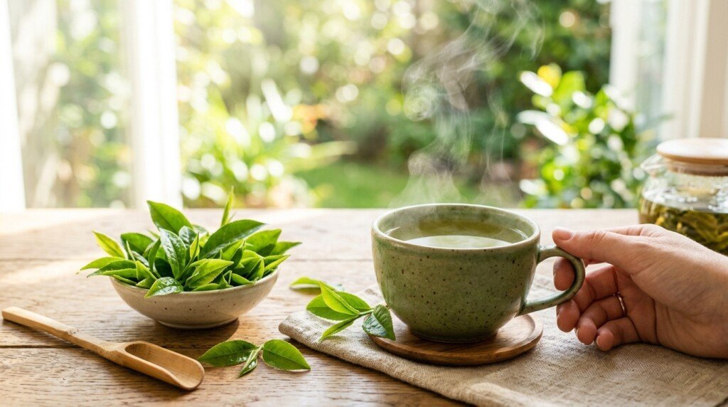 Fresh green tea associated with metabolism and fat oxidation support