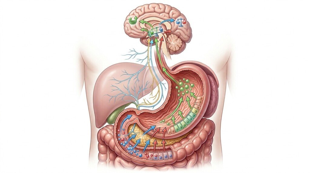 Illustration showing appetite control and satiety signals in the body