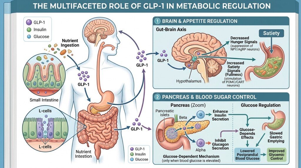 Illustration showing appetite regulation and GLP-1 hormone function