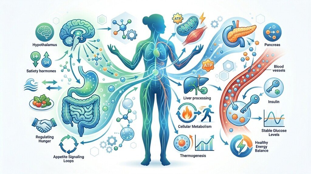 Illustration showing how weight loss supplements support appetite control metabolism and blood sugar balance