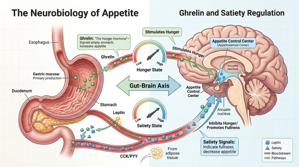 Illustration showing hunger hormones and appetite regulation