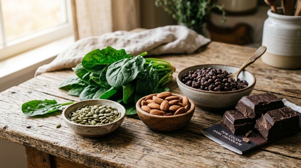 Magnesium rich foods including pumpkin seeds spinach and almonds