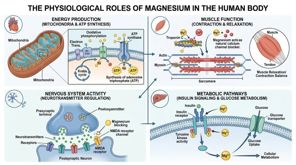 Illustration showing magnesium's role in energy metabolism and body functions