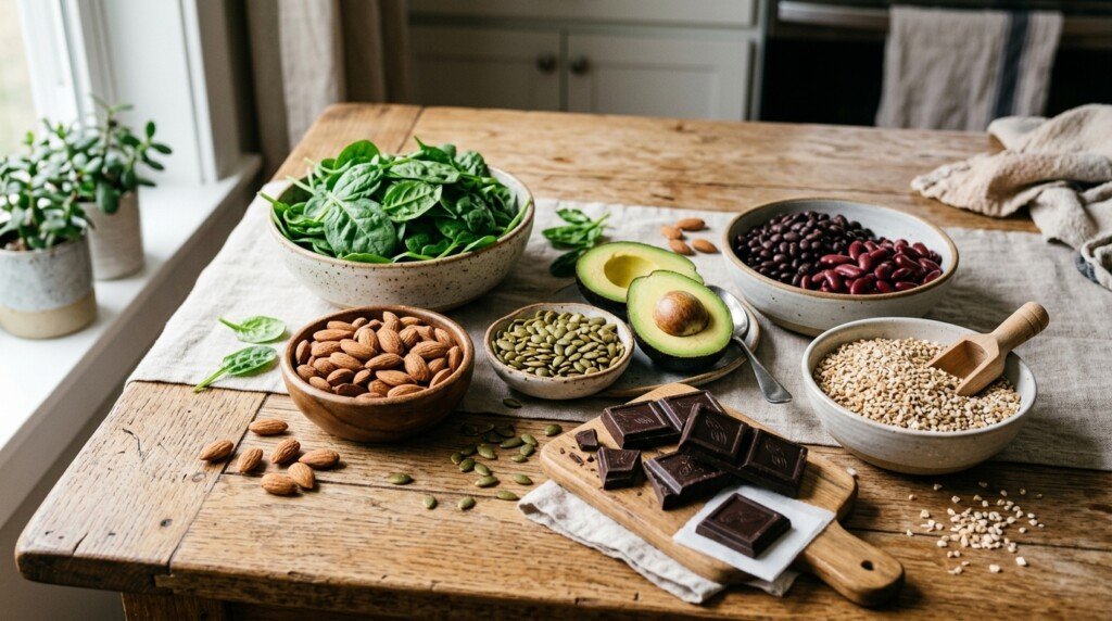 Foods naturally rich in magnesium including nuts seeds and leafy greens