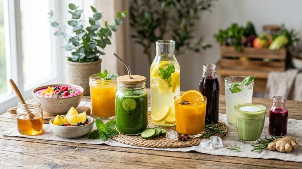 Collection of trendy weight loss drinks with exaggerated marketing claims