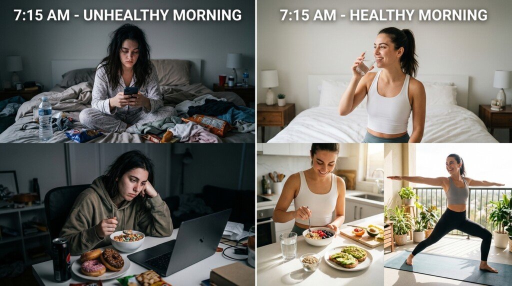 Morning Routine for Insulin Resistance showing morning habits that affect blood sugar