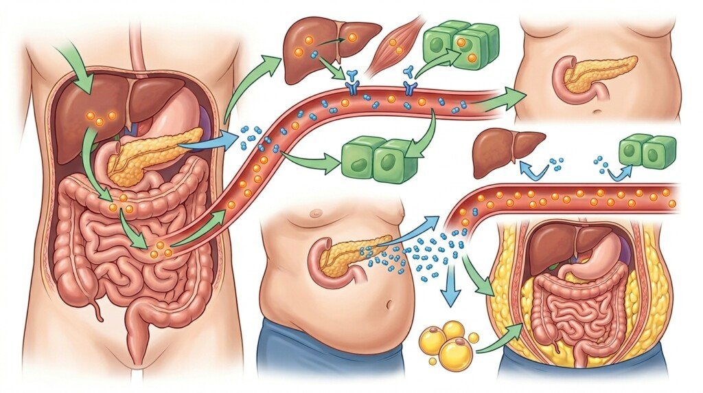 Illustration showing the connection between diabetes insulin resistance and belly fat