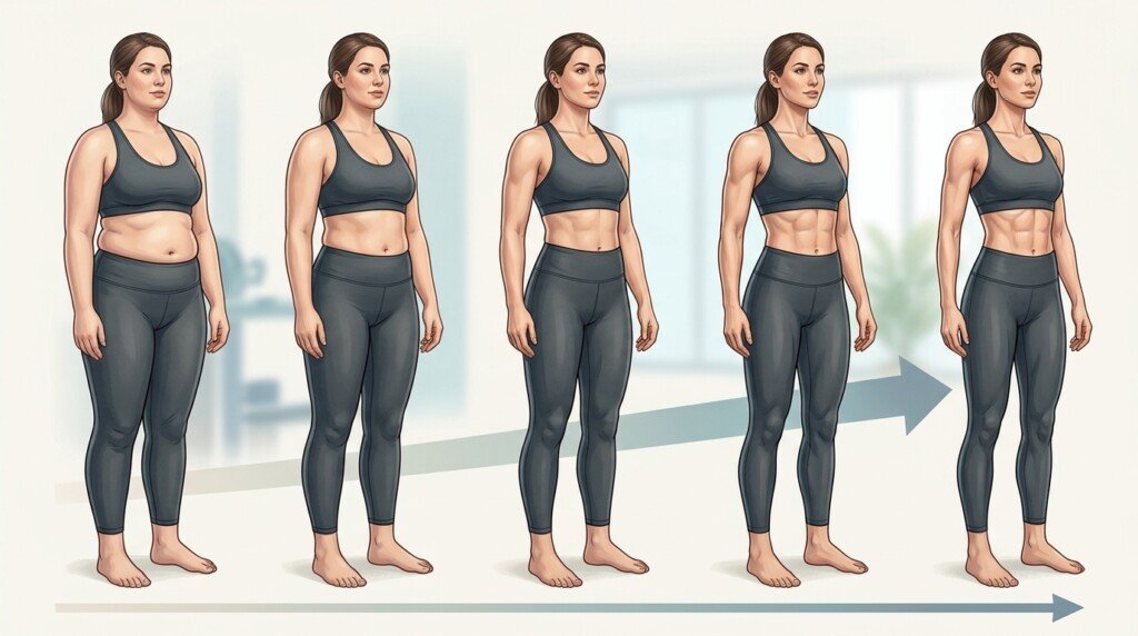 Body recomposition showing fat loss and muscle gain