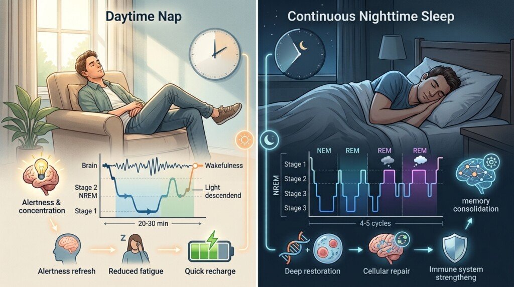Short daytime nap compared with nighttime sleep