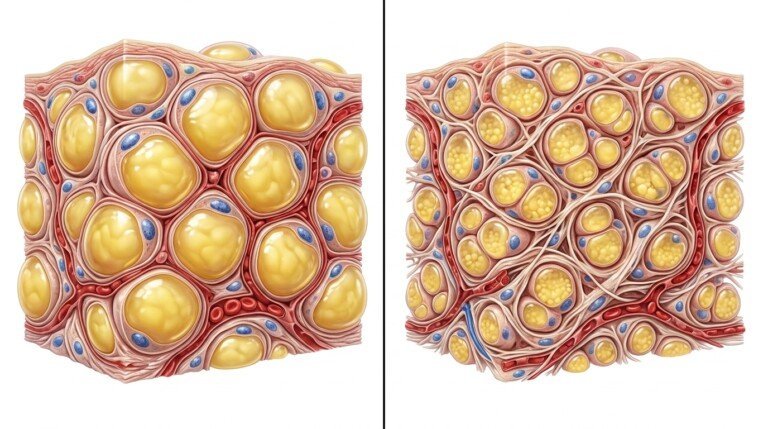 Scientific illustration showing fat cells shrinking after weight loss