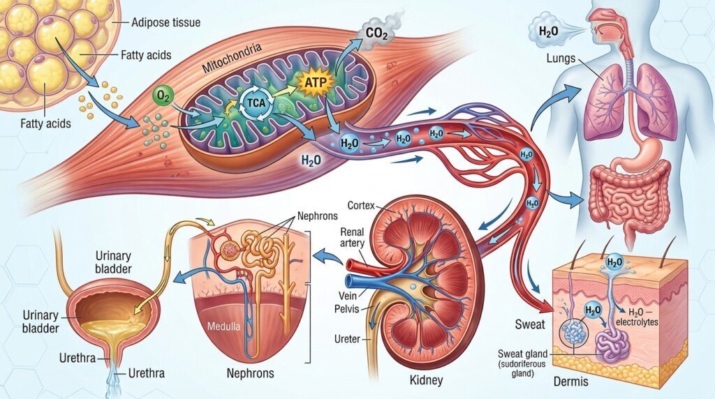 Water produced during fat metabolism