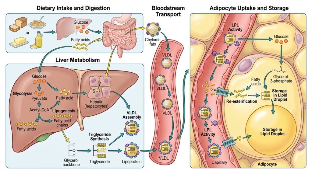 The process of body fat storage