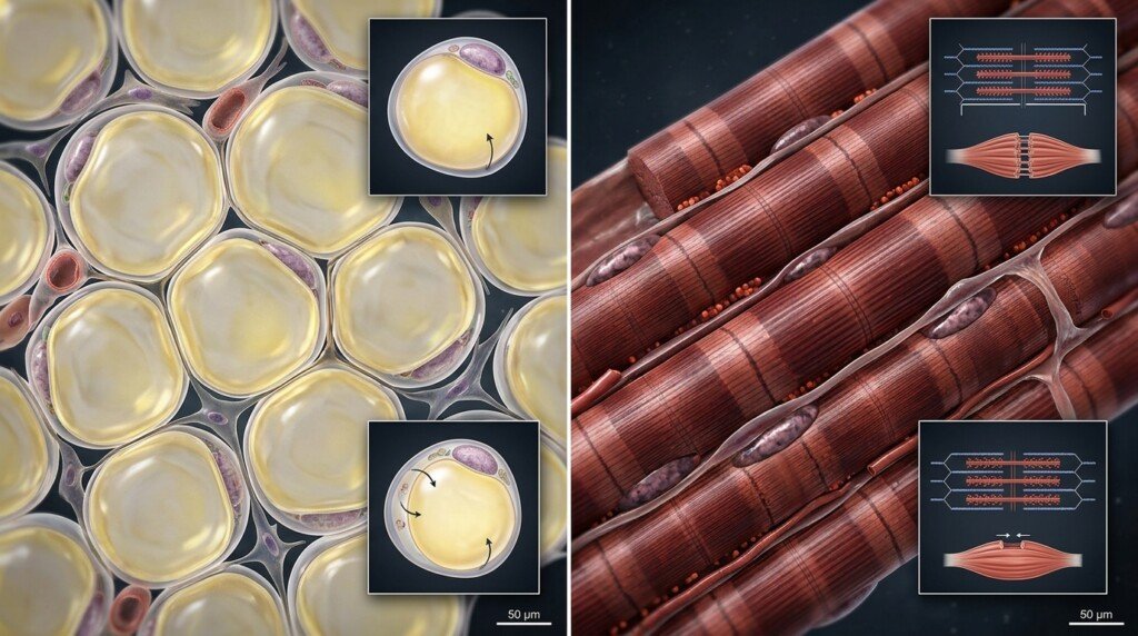 Fat tissue compared with muscle tissue