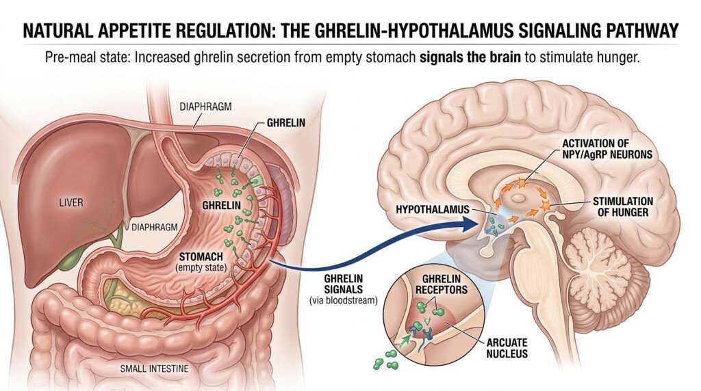 Ghrelin hormone signaling hunger between the stomach and brain