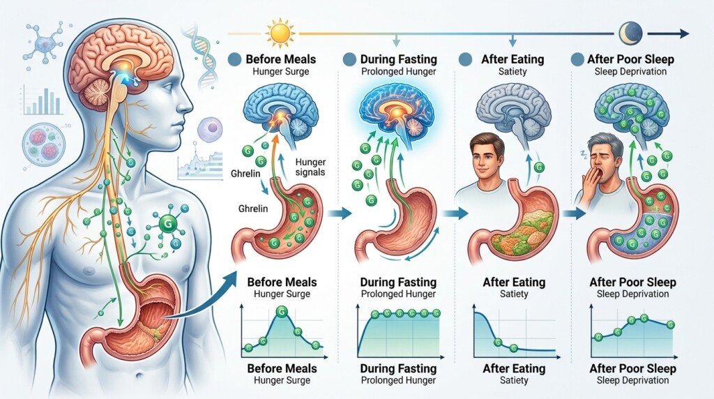 Natural rise and fall of ghrelin levels throughout the day