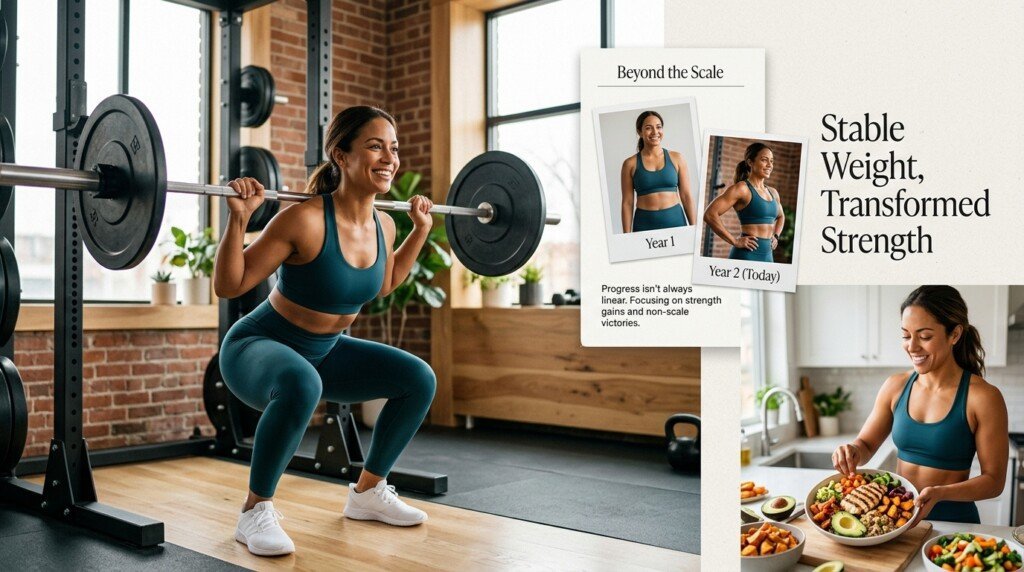Successful body recomposition through healthy habits. this helps Losing inches but not weight.
