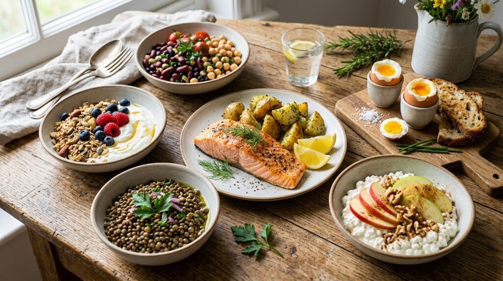 High satiety foods including eggs, oats and Greek yogurt