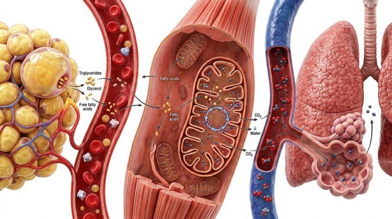 Scientific illustration explaining how fat burning works in the body