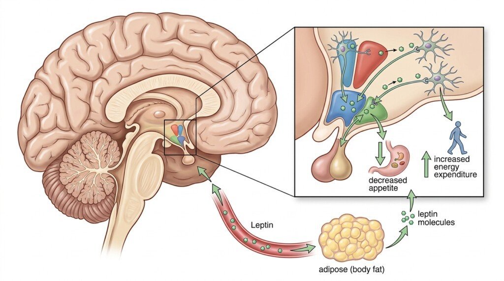 Leptin controlling appetite through the brain
