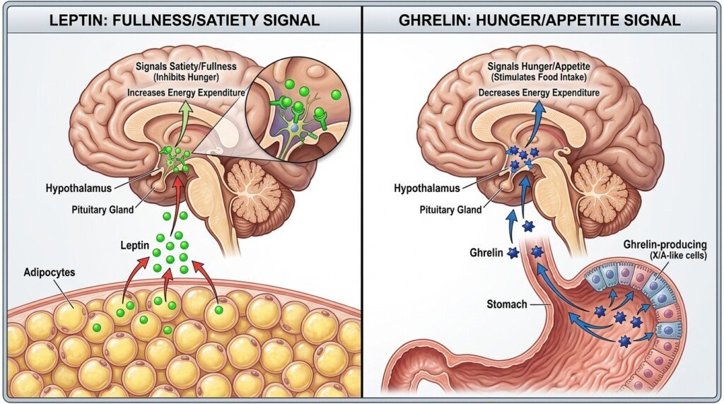 Difference between leptin and ghrelin hormones