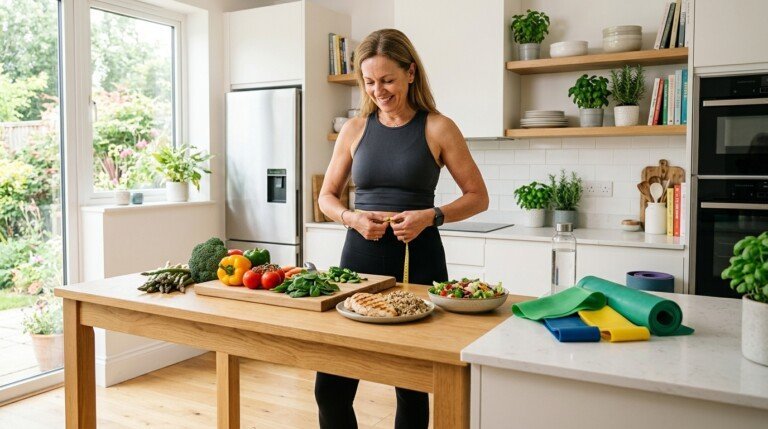 Healthy woman reducing menopause belly fat through lifestyle changes