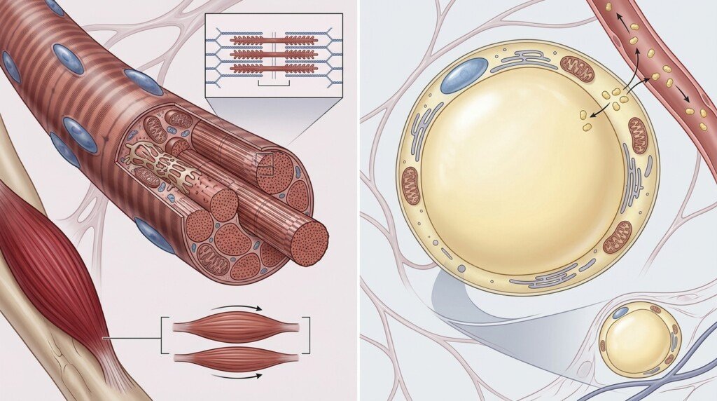 Difference between muscle fibers and fat cells