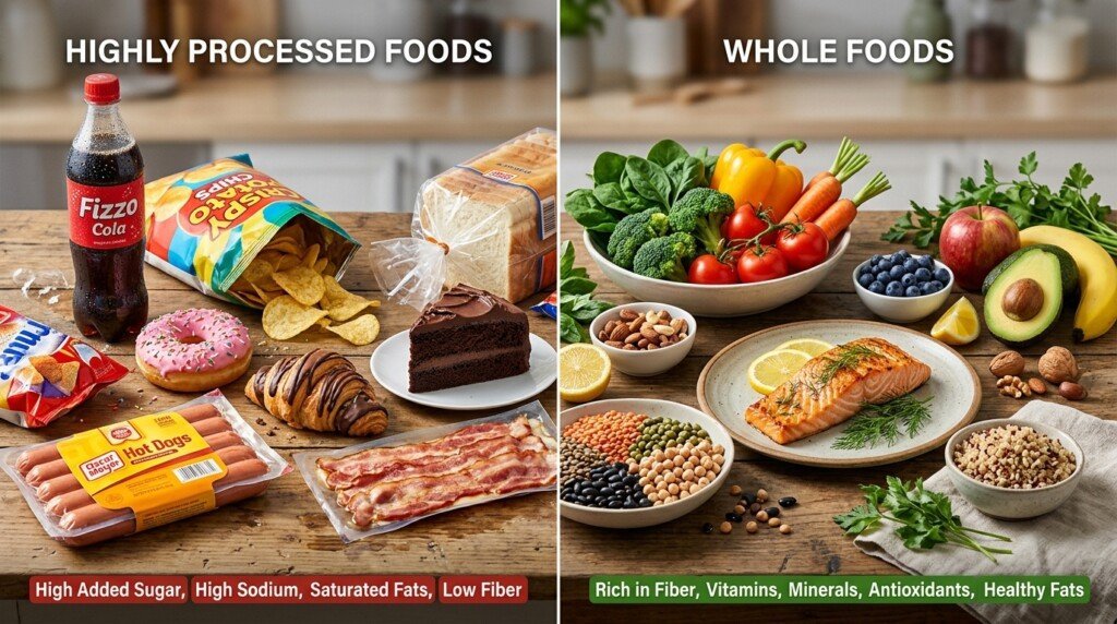 Processed foods compared with whole foods for metabolic health